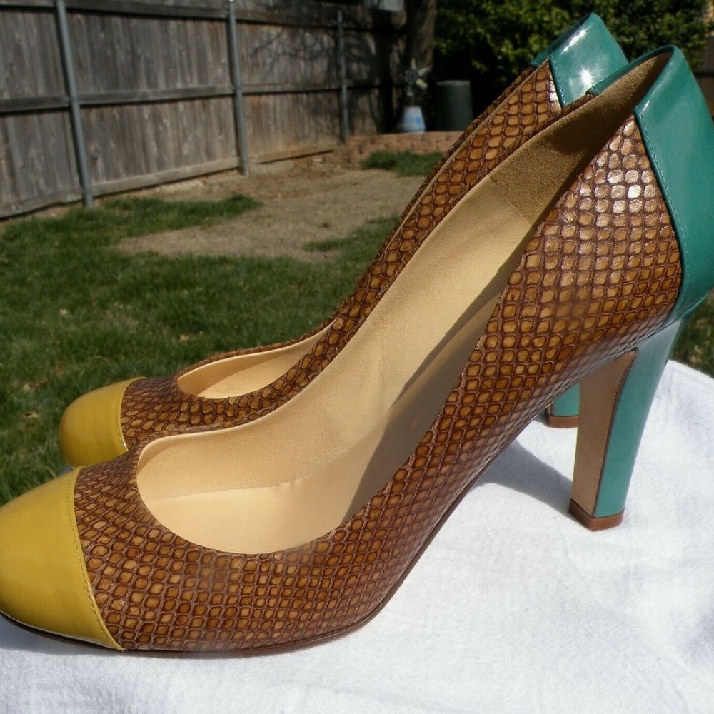 Kate Spade Brown Snakeskin Pump with Yellow Patent Toe Cap